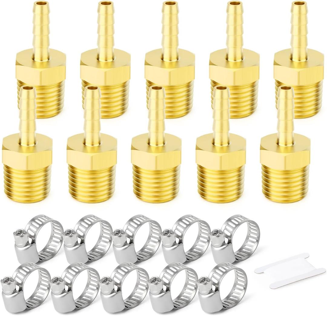 GASHER 10Pcs Brass Hose Barb Fittings, 3/8" Barb x 1/2" MNPT Hose Connector Adapter With 10Pcs Hose Clamp