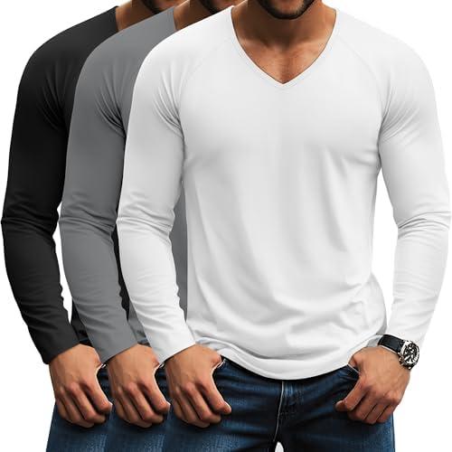 Riyiper 3 Pack Men's Long Sleeve T-Shirts V Neck Curved Hem Casual Raglan Shirts Stretch Lounge Basic Fall Plain Layer Tops L