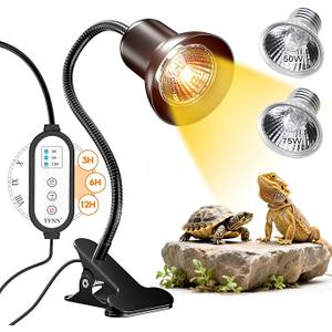 TFNN Reptile Heat Lamp, Heat Lamp with Clamp, UVA UVB Reptile Light with Intelligent Cycle Timer for Turtle, Bearded Dragon, Lizard and More, 2 Bulbs 50W+75W