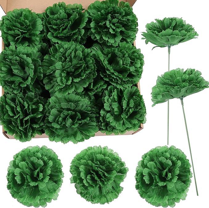 50 Pack Artificial Silk Carnation Picks ，Artificial Flowers Carnation Heads with Stems for DIY Flower Wall Wedding Bouquets Centerpieces Arrangements Decorations (Army Green)