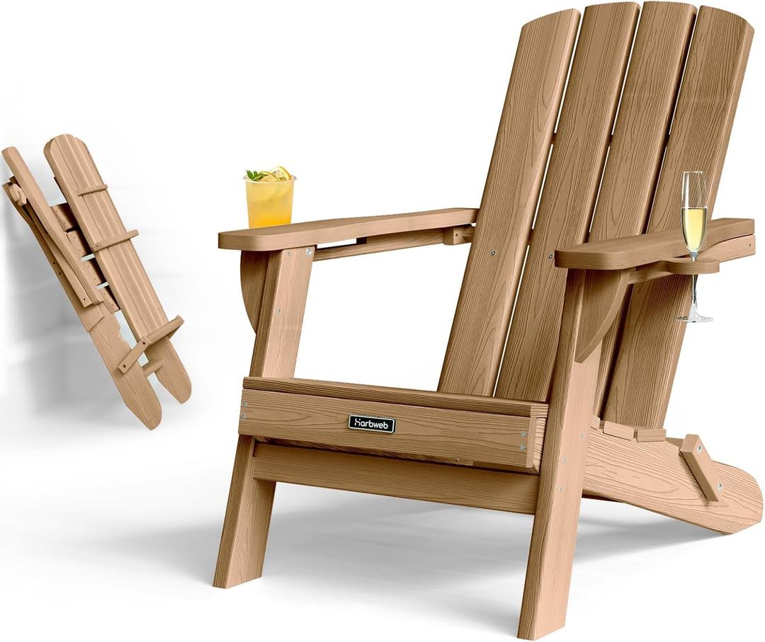 Folding Adirondack Chair with Wood Texture, HDPE All-Weather Fire Pit Chairs, Plastic Adirondack Chairs with 2 Cup Holder, Outdoor Lawn Chair for Patio Garden (Teak)