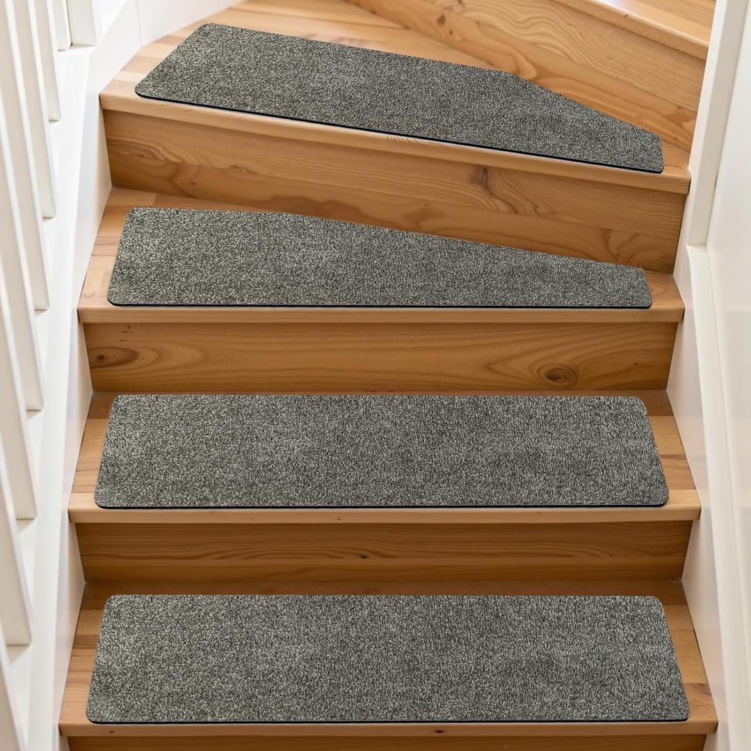 PURE ERA Cuttable Carpet Stair Treads 30 x 8 Inch Non Slip Stair Carpet Treads Trimable for Wooden Steps Indoor Peel and Stick Stair Protector Wahsable Reusable(14 Pieces, Light Gray)