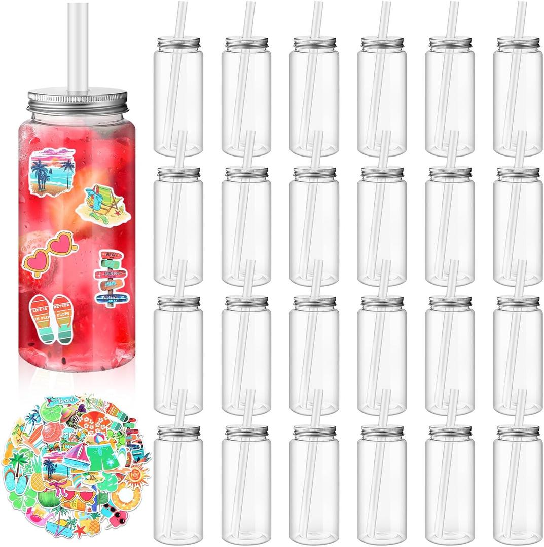 24 Pcs 14oz Plastic Mason Jar Bottles with Straws Lids Clear Cute Reusable Drinking Cups and 86pcs Summer Stickers for Water, Tea, Juice, Beer, Summer Hawaiian Beach Party Supplies