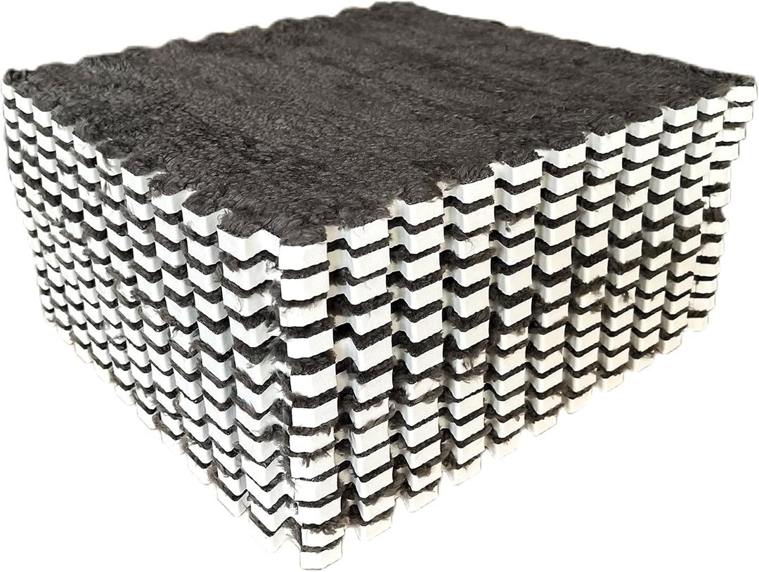 12pcs Interlocking Shaggy Soft EVA Foam Tiled Puzzle Play Mats Protective Floor for Children Kids Room Home Parlor Bedroom (Gray) (Grey)