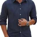 BAYAMO Men's Button-Down Striped Shirts Casual Long Sleeve Cotton Linen Collared Shirts Fashion Business Dress Shirt Navy XL 