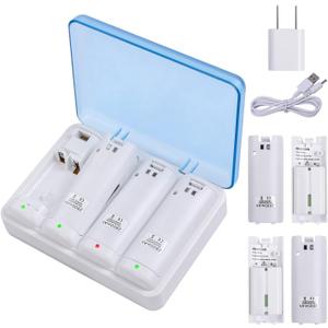 Upgraded Wii Remote Battery Charger Station, Covanm 4 Port Wii Controller Rechargeable Battery Pack with 4 Rechargeable Batteries for Wii (White)