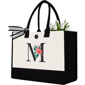 Initial Canvas Tote Bag, Personalized Birthday Gifts for Women Mom Friends Teachers, Monogrammed Tote Bags Suitable for Valentine's Day Wedding Beach (LetterM)