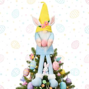 Soulchen 21 Inch Large Easter Bunny Tree Topper Decoration Plush Gnomes with Bunny Ears & Hugged Egg Cute Spring Tree Ornaments for Basket Stuffers Easter Home Decor Party Supplies, 21 inches tall