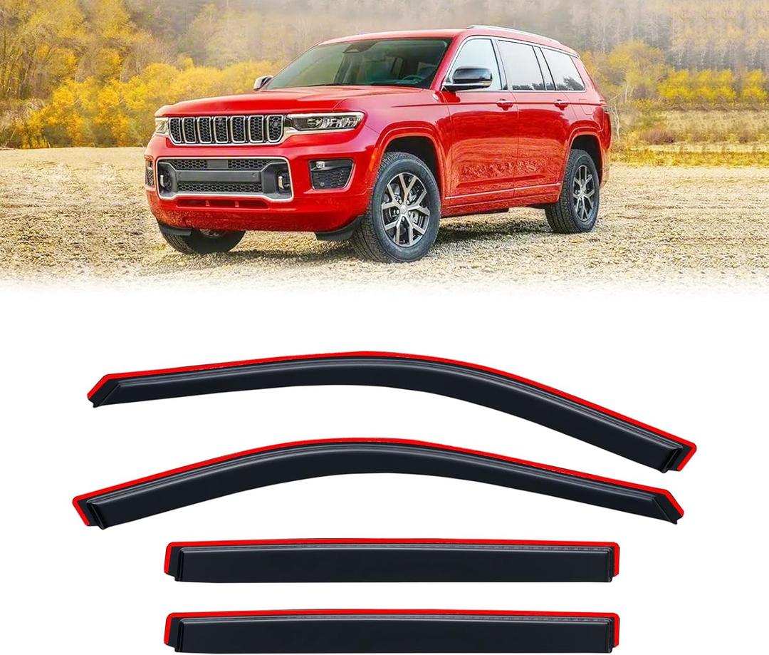 in-Channel Rain Guards for 2021-2026 Jeep Grand Cherokee L, Window Visor Shields Vent Deflector Shade Wind Dark Smoke 2022 2023 2024 2025 21 22 23 24 25 26, Tape-On Inside-Mount, 4PCS
