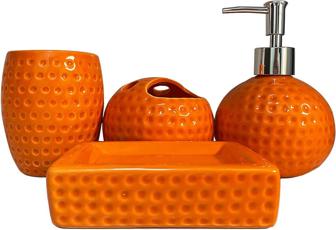 Bathroom Accessory Set Orange,4 Pieces Ceramic Bathroom Decor Accessories Complete Set,Includes Bathroom Soap Dispenser Set,Toothbrush Holder Set,Tumbler,Soap Dish