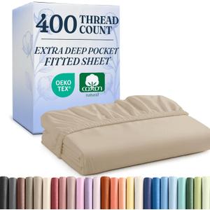 Extra Deep Queen 400 Thread Count Cotton Fitted Sheet - Hotel Luxury Single Fitted Sheet Only - Easily Fits 18" to 24" Mattress - Soft, Wrinkle Free, Breathable and Comfy - Extra Deep Pockets - Cream