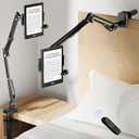 Kindle Holder with Remote Page Turner – Kindle Stand with Remote Page Turner for Bed, Hands-Free Clip Mount, Easy-Adjust Steel Arm (Not Gooseneck), No Text Blocking