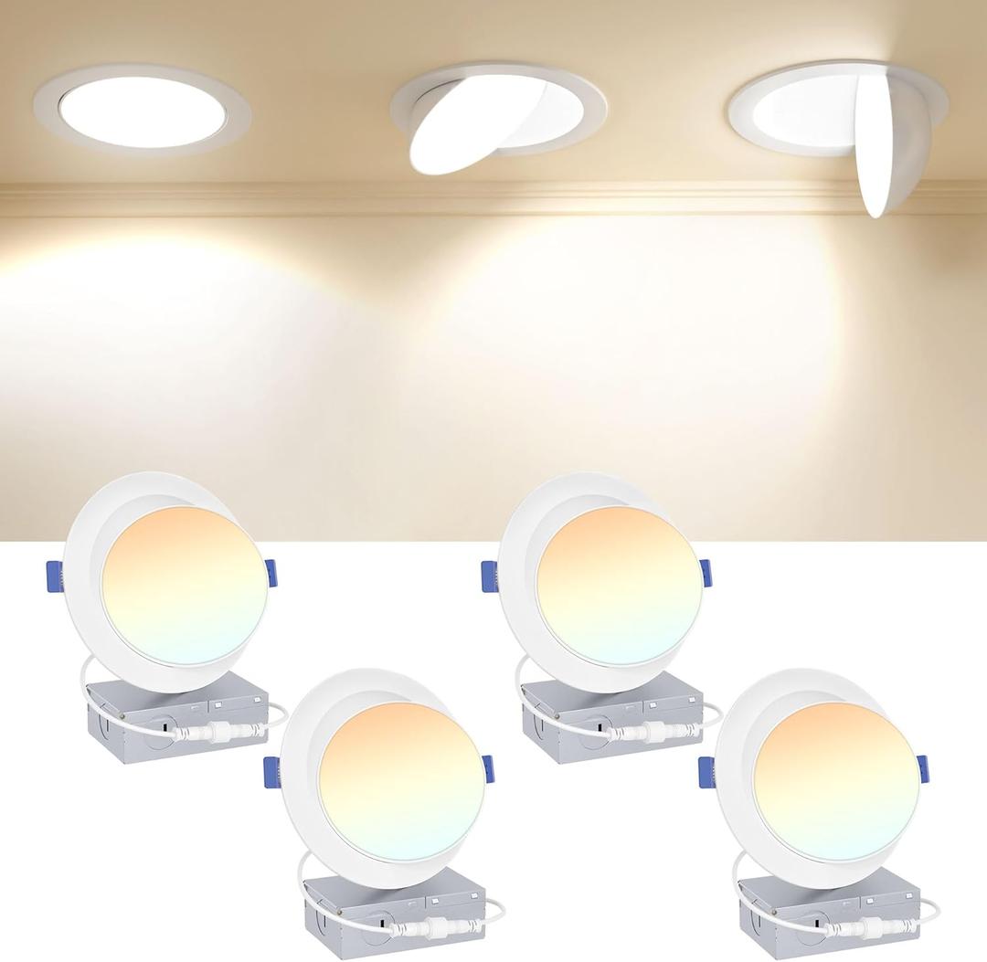 Ensenior 4 Pack 6 inch Gimbal Led Recessed Lighting, 90 Rotatable and 5CCT Selectable, Dimmable Eyeball Recessed Lights, Angled Adjustable Ceiling Downlight, 1200LM, 12W=115W-ETL&FCC Certified