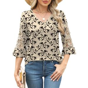 Rapbin 3/4 Length Sleeve Womens Tops Summer Lace Ruffles Sleeve T Shirts V-Neck Dressy Casual Trendy Tunic Blouses (S)