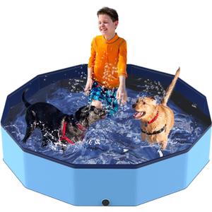 Foldable Pool for Dog and Kids 57" Washing Portable Plastic Tub for Large Dog, Non-Slip Collapsible Kiddie Swimming Wading Pool for Toddler Age 3-5 Outdoor Backyard (Blue - 57 Inch)