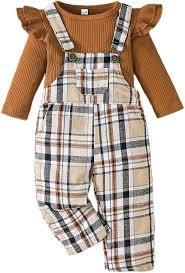 Toddler Baby Girl Christmas Clothes Ruffled Top Plaid Bib Overalls Pocket Suspender Pants Set Thanksgiving Outfits, 6-12M