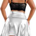 Pleated Flared Skirt Metallic Skater Skirts Shiny Flared Skort Nightclub Stage Performance Costumes Fashion Short Skirts (Silver, XL)