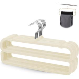 VSV stoage Velvet Pants Hangers with Double Non Slip Bar - Multiple Velvet Hangers for Closet - Thin Space Saving Clothes Hanger - 360 Swivel Felt Trouser Hanger Perchas Terciopelo 10 Pack (Beige)