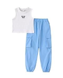 YOURUIKEY Tween Teen Girls Trendy Preppy Clothes Kids Spring Summer Outfits Sleeveless Tank Crop Top Cargo Pants Clothing Set Size 13-14