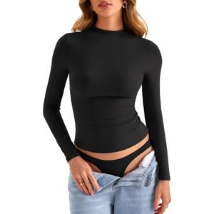 Womens Double Lined Mock Turtle Neck Long Sleeve Tops Slim Fitted Going Out Tops Basic T Shirts (Small, Black)