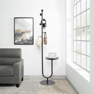 JIAYUEJU Coat Rack Freestanding with Table & 6 Hooks, Corner Coat Tree, Heavy-duty Marble Base Coat Rack Stand for Bedroom Living Room Office Entryway 13.78 x 13.78 x 68.11 Inches (Black)