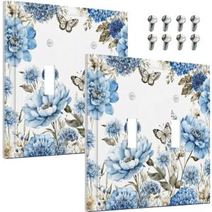 Decorative Outlet Cover Blue Iris Flowers Butterfly Botanical Floral Plant 2 Gang Wall Plate Double Toggle Light Switch Cover GFCI Receptacle Electrical Switchplate for Bathroom Bedroom2Pack
