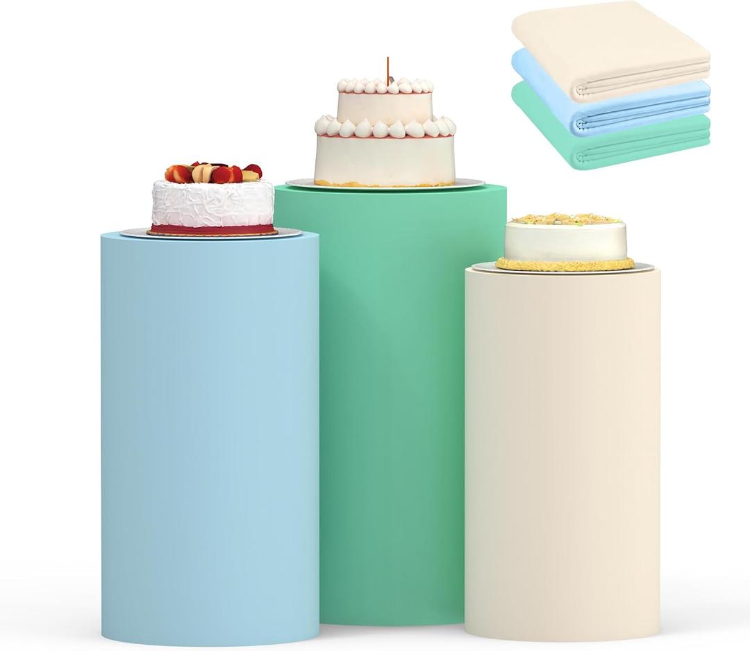 Cylinder Covers Set of 3,Cylinder Stand Covers for Parties,Round Pedestal Stand Covers for Cylinder Stands for Wedding Party Birthday Display(Cylinder Stands Not Included) (Beige Sky Blue Light Green, S+M+L)