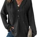 Dokotoo Hoodies for Women Waffle Knit Long Sleeve Drawstring Button V Neck Casual Pullover Sweatshirt Hooded Tops XL