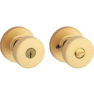 Kwikset Pismo Entry Door Knob with Lock and Key, Secure Keyed Handle Exterior Doorknob, Front Entrance and Bedroom, Satin Brass, Round, Pick Resistant SmartKey Rekey Security, Microban Protection (Round Rose)