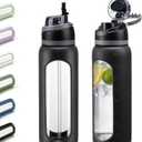 Kodrine 32oz Glass Water Bottle With Straw and 2-IN-1 Lid, Motivational Water Bottle with Time Marker and Silicone Sleeve, Reusable Borosilicate Glass Drinking Bottles for Home, Gym, Sport-Black