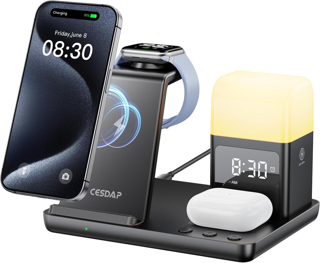 6 in 1 Wireless Charging Station for Apple Charging Station for Multiple Devices with Alarm Clock and Night Light nightstand for iPhone 16 15 14 13 for Apple Watch Best Gift for Your Loved Ones (black)