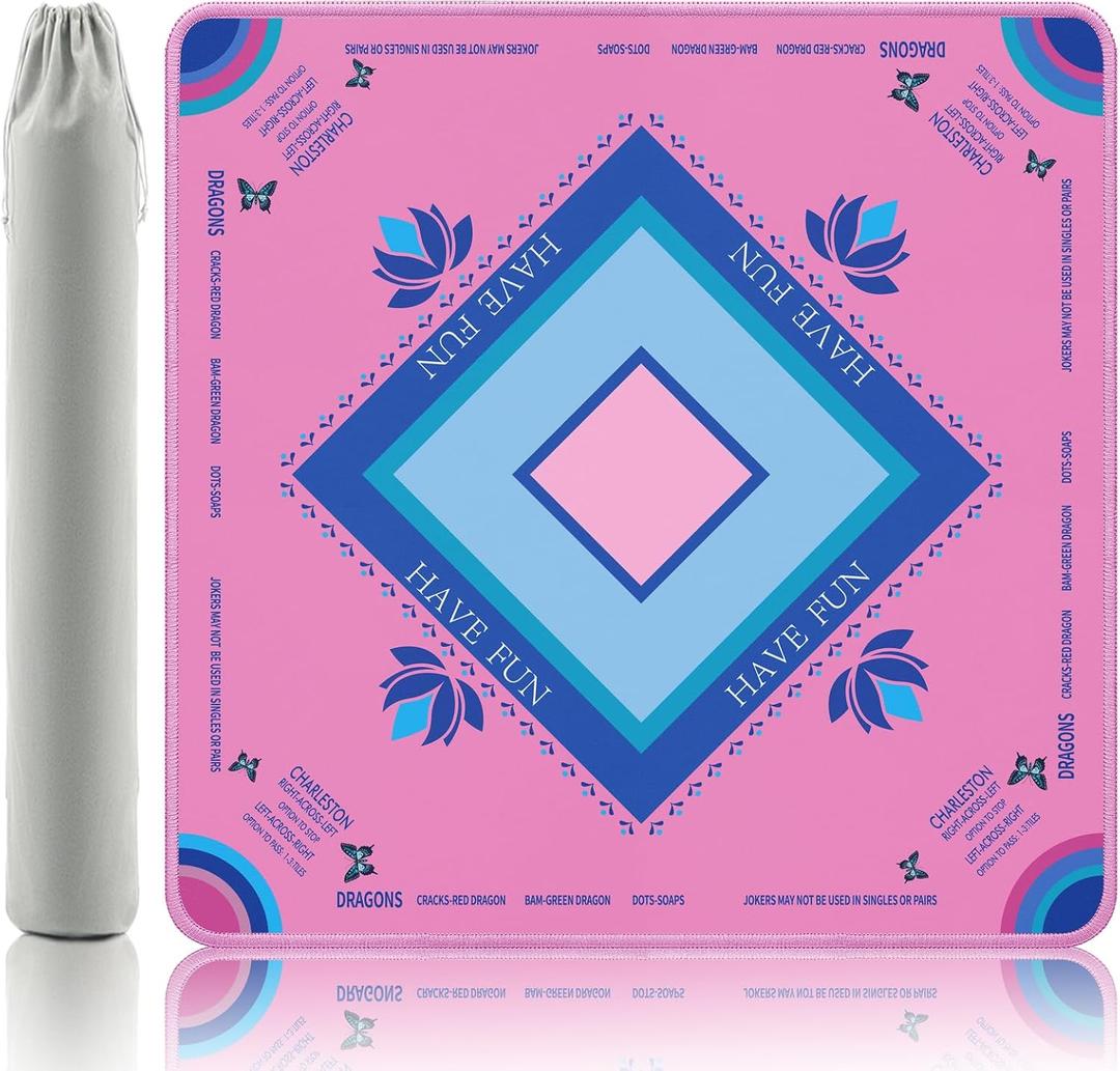 Mahjong Mat with Lotus & Butterfly Artwork - 32.4x32.4 Inch Hand-Painted Style Rubber Mat, Waterproof Surface, Anti-Slip Foldable Design for Asian-Themed Game Nights (Pink-Hehua)