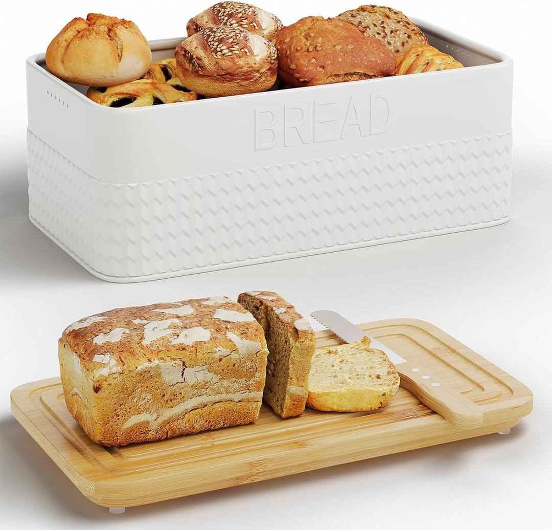Bread Box for Kitchen Countertop,Metal Bread Storage Bin with Bamboo Cutting Board Lid, Includes Bread Knife, Fits Sourdough & Buns, Stylish Organize (White)