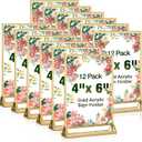 RETON 12 Pack Acrylic Sign Holder, 4x6 Clear Gold Frame Display Stand, Double Sided Picture Menu Flyer Holders, Wedding Table Number Frames for Cards Photo Party Decoration (4" x 6")