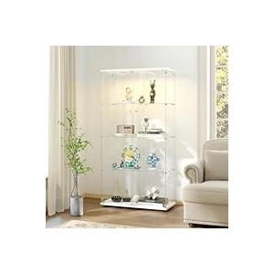 Tempered Glass Display Cabinet with Lights, 4-Tier Curio Cabinet with Glass Doors and Lock, Glass Display Case for Collectibles, for Living Room, Bedroom, Office, Double Door, White