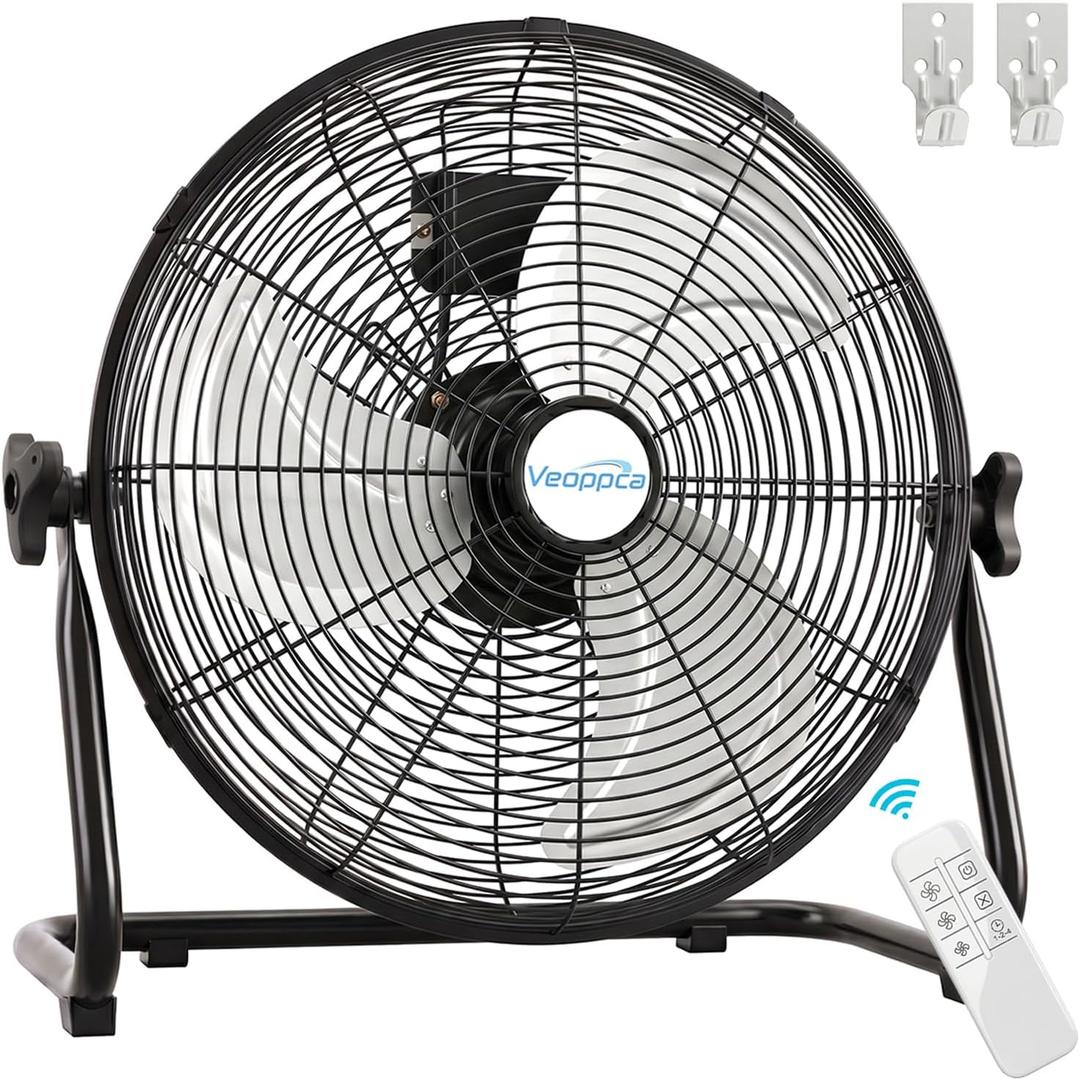 18" Industrial Floor Fan with Remote, High Velocity Heavy Duty Fan, 4200 CFM, 1-2-4 Hour Timer, 3 Speeds, 360 Tilt, Wall-Mounting System Included, for Home, Gym, Office, Garage