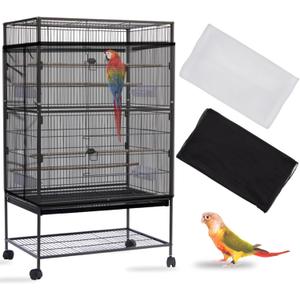 Daoeny 2PCS Bird Cage Seed Catcher, Large Bird Cage Cover, Adjustable Soft Airy Nylon Mesh, Birdcage Cover Skirt Seed Guard for Parrot Parakeet Macaw Round Square Cages (Black & White)
