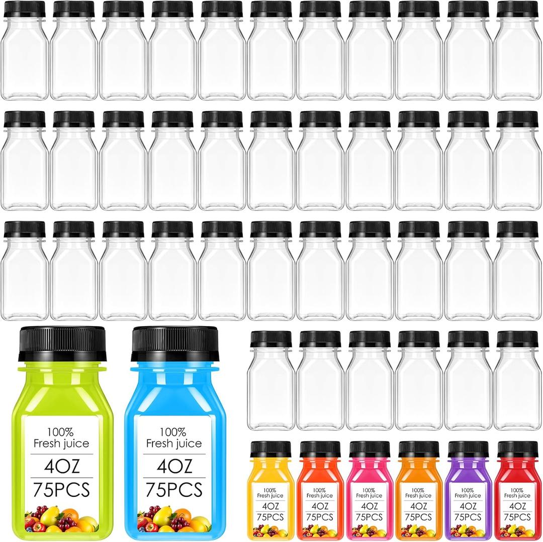 Gerrii 75 Pcs 4 oz Liquid Vial Plastic Juice Bottle with Lid Reusable Clear Beverage Container, Freezer Safe, Leakproof for Juice, Milk, Smoothies, Drinking, Fridge, Water and Other Beverages(Black)
