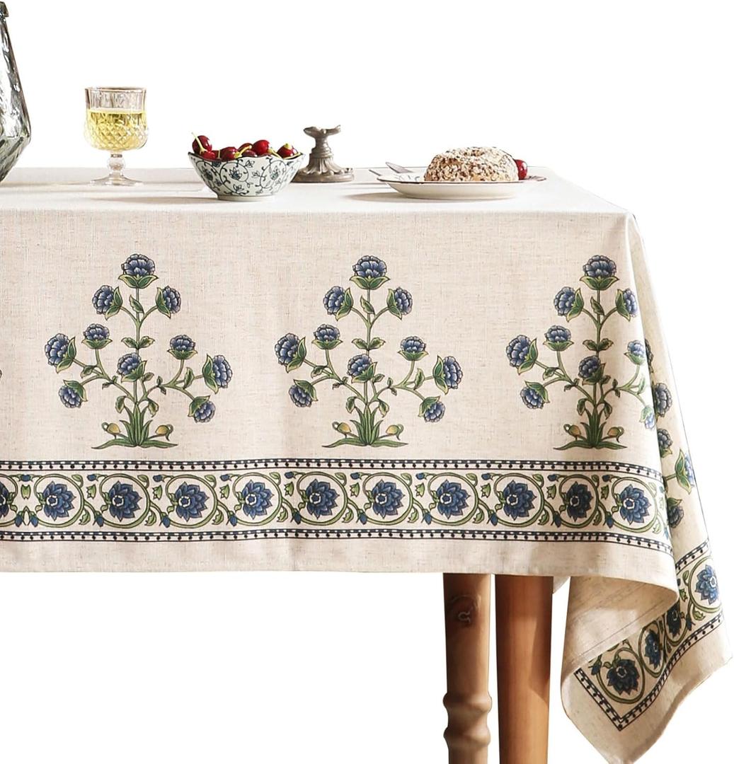patdrea Designer Blue Tablecloth for Rectangle Tables, Vintage Linen with Leaves and Flowers Pattern Tablecloths, Farmhouse Floral Table Cover Cloth Decorative for Kitchen Dining Room, 63"*94"