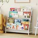 Kids Bookcases 4-Tier Montessori Bookshelf Nursery Book Shelves and Toy Storage Childrens Toddler Bookshelf Sturdy Metal Kid's Toy Storage Organizer for Kids' Rooms Playroom Kindergarten (Cream White)