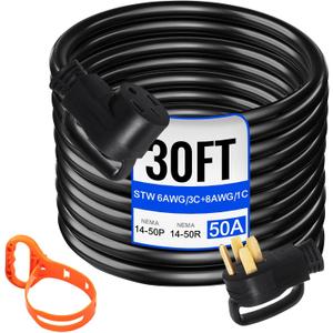 VEVOR 30 FT 50Amp RV Extension Cord NEMA N14-50P to N14-50R, 125 / 250V Heavy Duty STW 6/3+ 8/1 RV Power Cord, for EV Charging and RV Trailer Campers