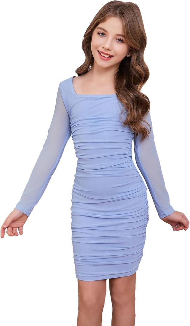 SOLY HUX Girl's Square Neck Long Sleeve Ruched Bodycon Mini Dress (Light Blue), 12 Years Old