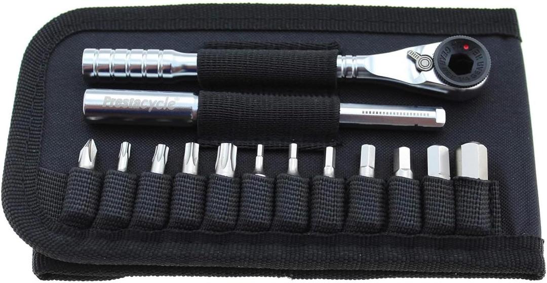 Prestacycle T-Handle Ratchet Wallet Kit  Compact 3-Way Ratchet Tool Kit with 12 Bike-Specific 1/4 Hex Bits, Bicycle, Extension Bar & Slim Carry Case