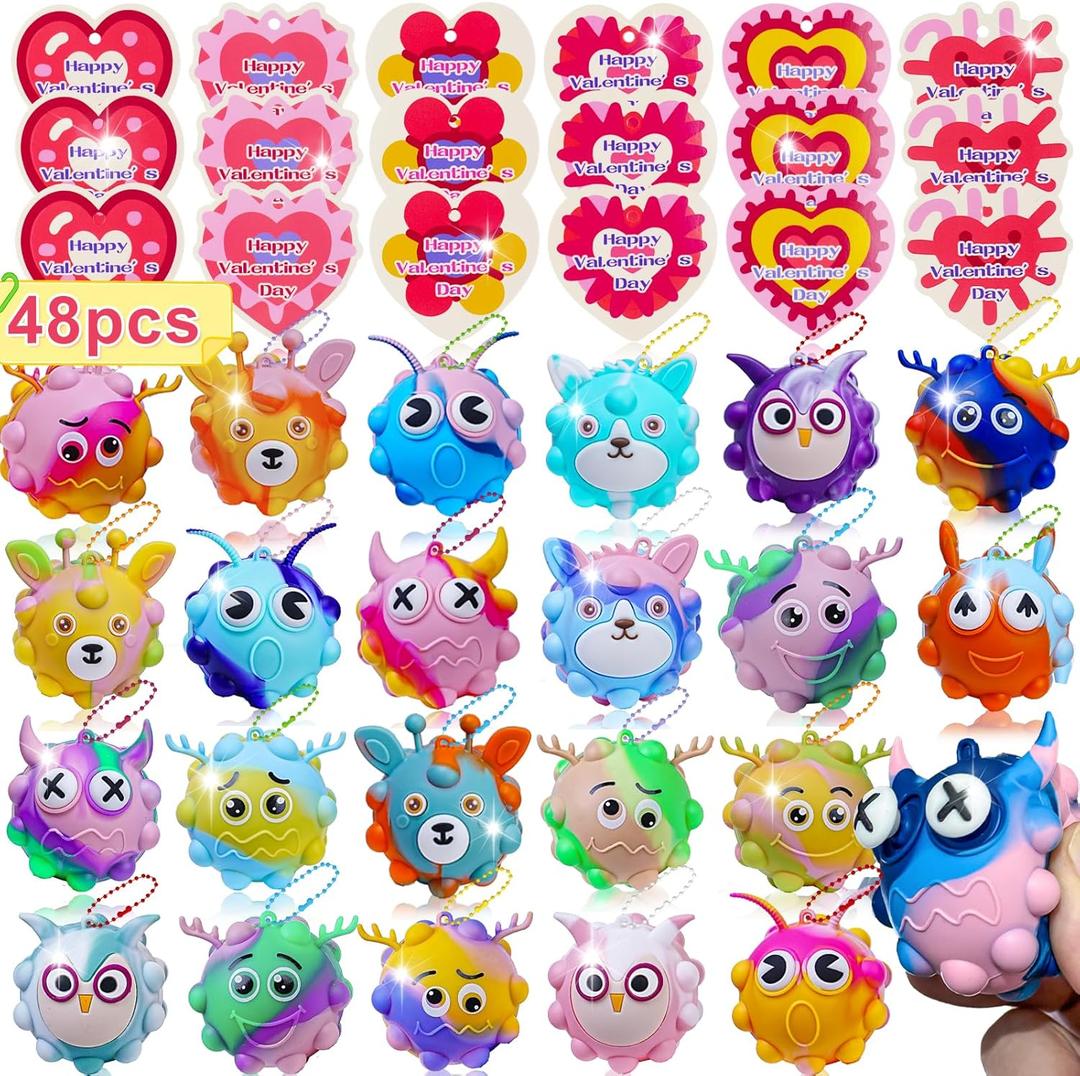 48Pack Valentine Day Gifts for Kids,Valentines Cards with Pop Fidget Toys Bulk 3D Stress Ball, Easter Basket Stuffers,Valentines Classroom Party Favors Exchange Gifts,Treat Prizes Activity for Class