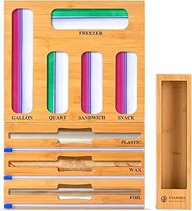 Calmbee 9 IN 1 Storage Bag Organizer for Kitchen Drawer, Bamboo Foil and Plastic Wrap with Cutter, Organizers Compatible Gallon, Quart, Sandwich Snack Size