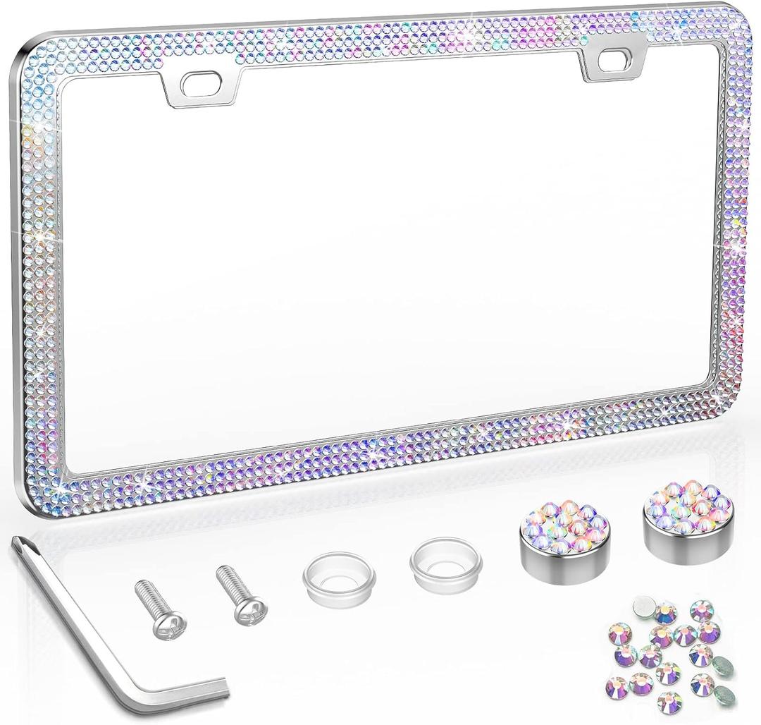 SHARE&CARE Bling License Plate Frame, Crystal License Plate Cover, Car License Plate Holder with Rhinestone Crystal Diamond Screw Set - 1 Pack (AB Color 1)
