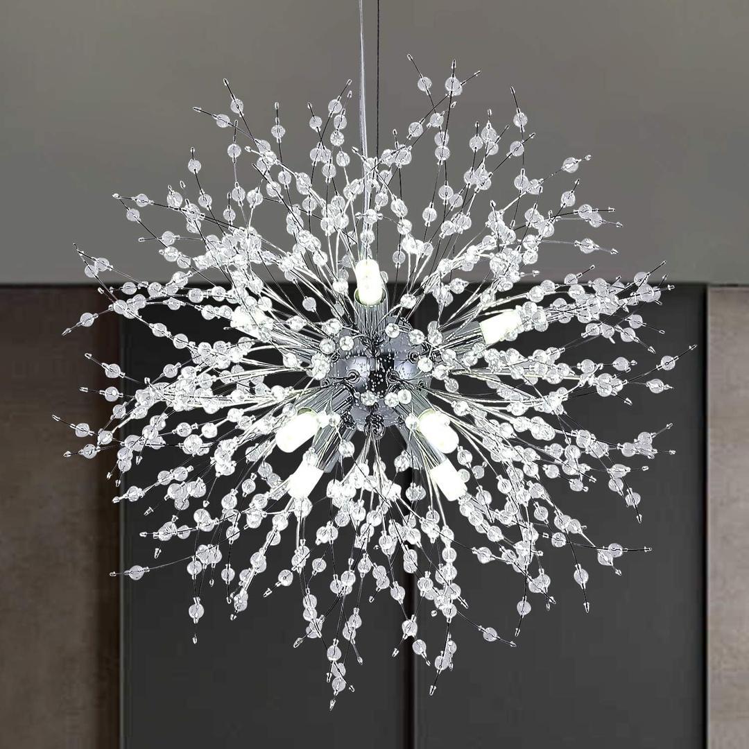 Modern Firework Chandelier, 8-Light Dandelion Sputnik Chandelier Light Fixture Crystal Chrome Pendant Lighting Ceiling Light Fixtures for Dining Room, Living Room, Bedroom, Kitchen