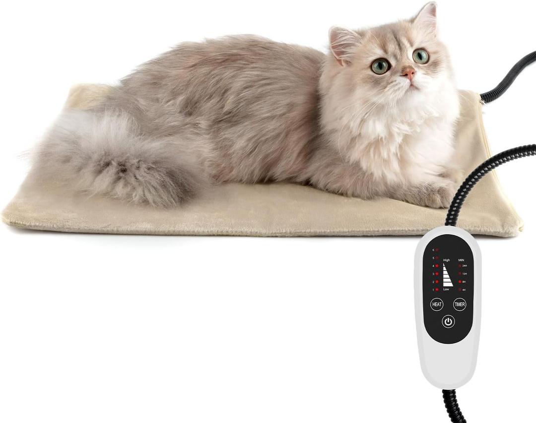 NICREW Cat Heating Pad, Temperature Adjustable Heated Cat Bed with Auto Shut Off Timer, Indoor Pet Heated Bed Mat for Small Dogs, 17.7 x 15.7 Inches, 55W (Khaki)