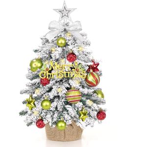 Waipfaru Mini Christmas Tree With Light, 24in/2FT Small Table Top Tree, Grinchs Snow Flocked With Balls, Star Tree Topper and Cloth Bag Base for DIY Winter Decorations