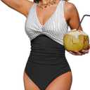 Holipick Women Tummy Control One Piece Swimsuit - Push Up Bathing Suit Full Coverage Slimming Swimwear (Medium, Black Striped)